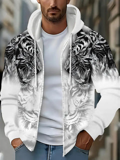 Murillo – Lässige Langarm Kapuzenpullover Jacke Mit Tigerprint in Weiß