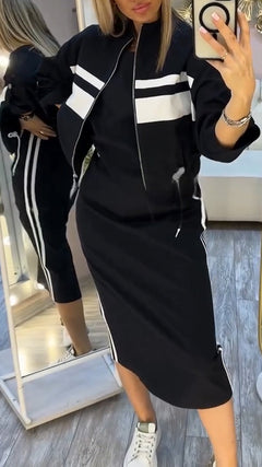 Feyra™ - Lässiges und Stilvolles Set mit Rundhalsausschnitt-Kleid und Jacke für Damen in Schwarz