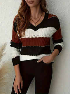 ELEGANTER GESTREIFTER V-AUSSCHNITT PULLOVER | MODERNER STIL, KOMFORTABEL, VIELSEITIG in Gemischte Farbe