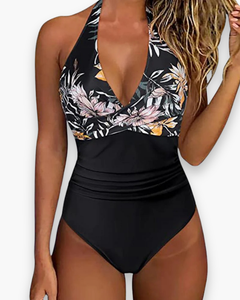 Damen Schmeichelhafter Rückenloser Badeanzug | Push-up in Schwarz/Blumen
