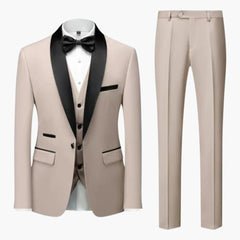 Herren Anzug dreiteilig mit rotem Besatz und Schalkragen in Beige / 3 Pcs Satz