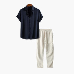 Herren Sommer Schlafanzug Set mit Kurzarmhemd und langer Hose in Marineblau