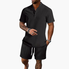 Herren Sommer Set mit Poloshirt und Shorts aus Rippstoff in Schwarz