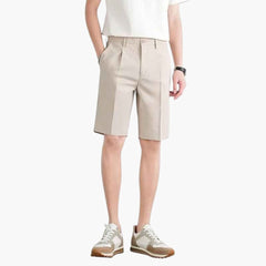 Herren Sommer Shorts mit Bundfalten Reißverschluss und Slim Fit in Khaki