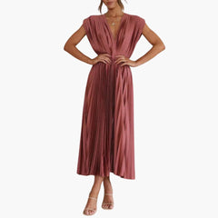 V-Ausschnitt Midi Abendkleid für Frauen - Elegante Faltenoptik in Rosa Rot