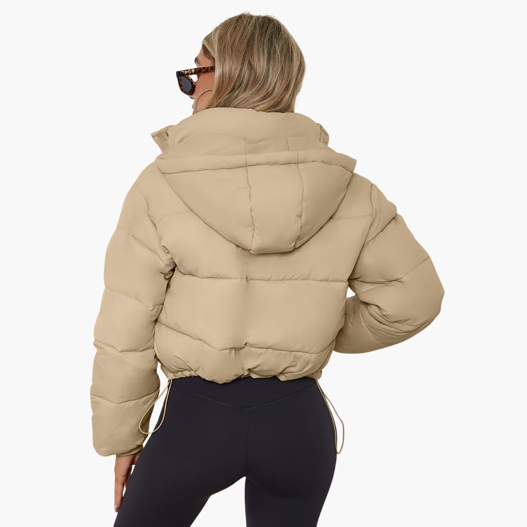 Damenkurze Jacke mit Kapuze und Reißverschluss