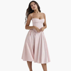 Midikleid Damen – Retro Corsagenkleid mit Trägern Sommer in Rosa