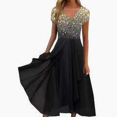 Midikleid für Damen - Elegant mit Pailletten & Chiffonrock in Gold Schwarz