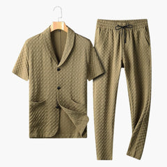Herren Sommer Loungewear Set mit Knopfleiste und Jogginghose in Armee grün