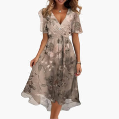 Midikleid für Damen - Elegant, Blumenmuster & V-Ausschnitt in Beige