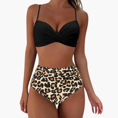 Zweiteiliges Bikini-Set - Damen Bademode mit Blumenprint & Bund in Brown