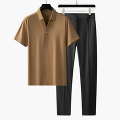 Zweiteiler Set für Herren – Kurzarmshirt mit Stoffhose in Braun