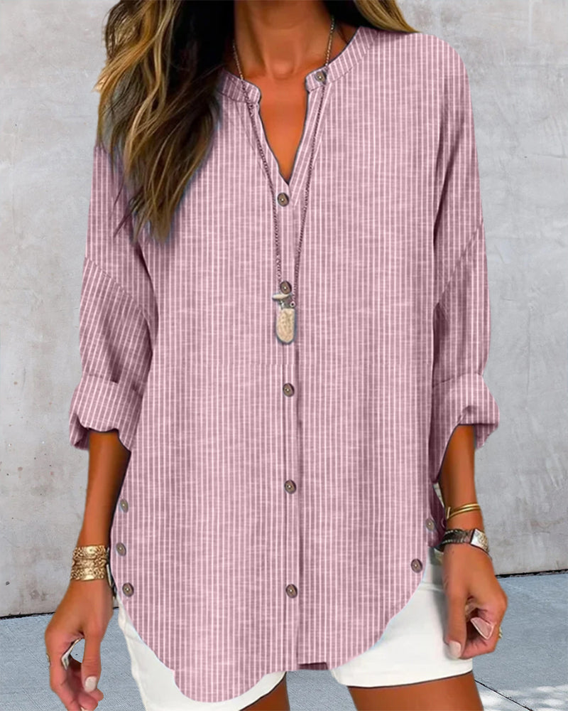 Rundhalsausschnitt Gestreiftes Shirt mit Knöpfen für Damen