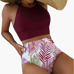 Blumenmuster High-Waist Bikini - Damen Zweiteiler für den Sommer in Rot