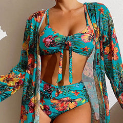 Lauryn® | 3-teiliger Bikini mit Blumen und Bademantel in Blau