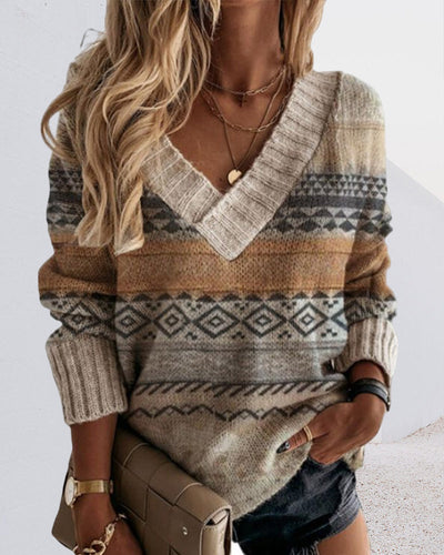 Pullover mit V-Ausschnitt und geometrischem Druck für Frauen