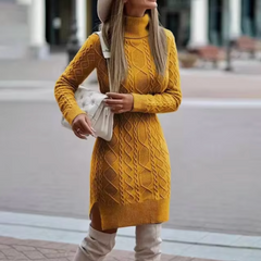 Damen Langarm Strickkleid | Midi in Gelb