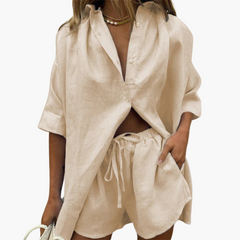 Zweiteiler Set für Damen - mit Knopfleiste und Shorts in Beige
