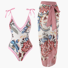 Badeanzug-Set für Damen - mit Blumenmuster und Pareo-Überwurf in Rosa