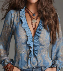 Taviana - Bluse mit weicher Haptik und Rüschen-Details in Himmelblau
