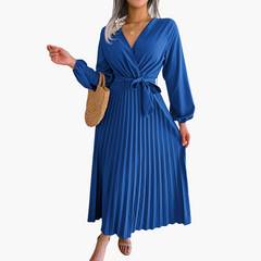 Elegantes Maxikleid mit langen Ärmeln für Damen - Plissee Design in Blau