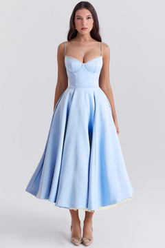 Luce - Satin-Tüll-Midikleid in BLAU