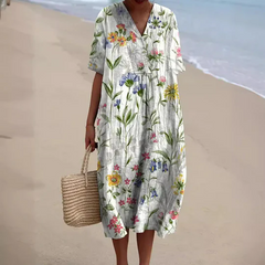 Florales V-Ausschnitt Midikleid für Damen in Floral weiß