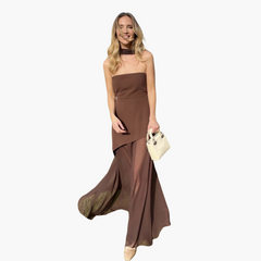 Schulterfreies Abendkleid für Damen - Maxi mit hohem Schlitz in Braun