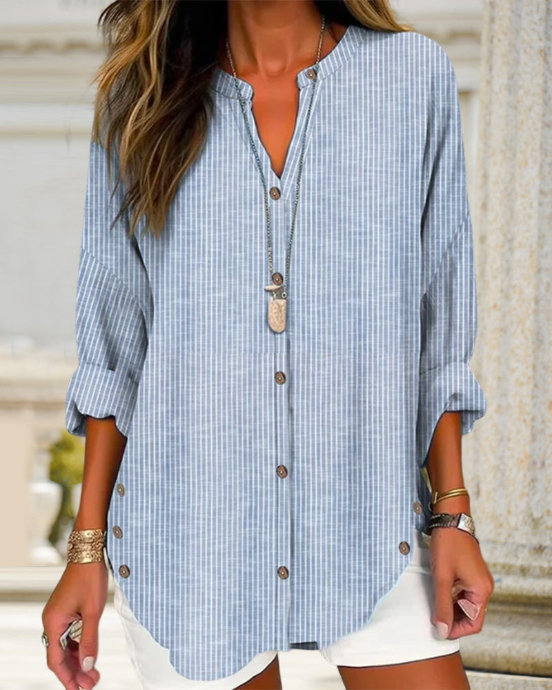 Rundhalsausschnitt Gestreiftes Shirt mit Knöpfen für Damen