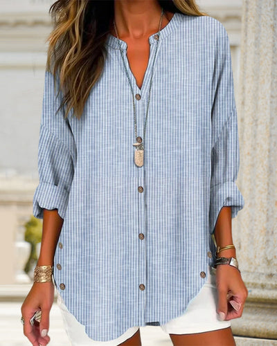 Rundhalsausschnitt Gestreiftes Shirt mit Knöpfen für Damen
