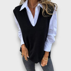 Lamielle – Strick-Weste mit V-Ausschnitt in Camel in Schwarz