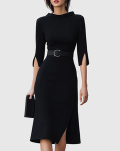 Victoria | Damen Elegant Asymmetrisches Midi Kleid in Schwarz