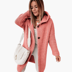 Damen Kapuzen Strickjacke mit offenem Schnitt und langen Ärmeln in Rot