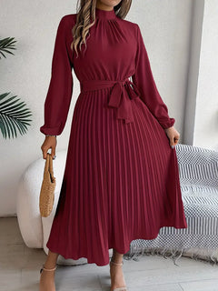 Sana | Damen Abend Plissierter Hochgeschlossener Midikleid in Rot