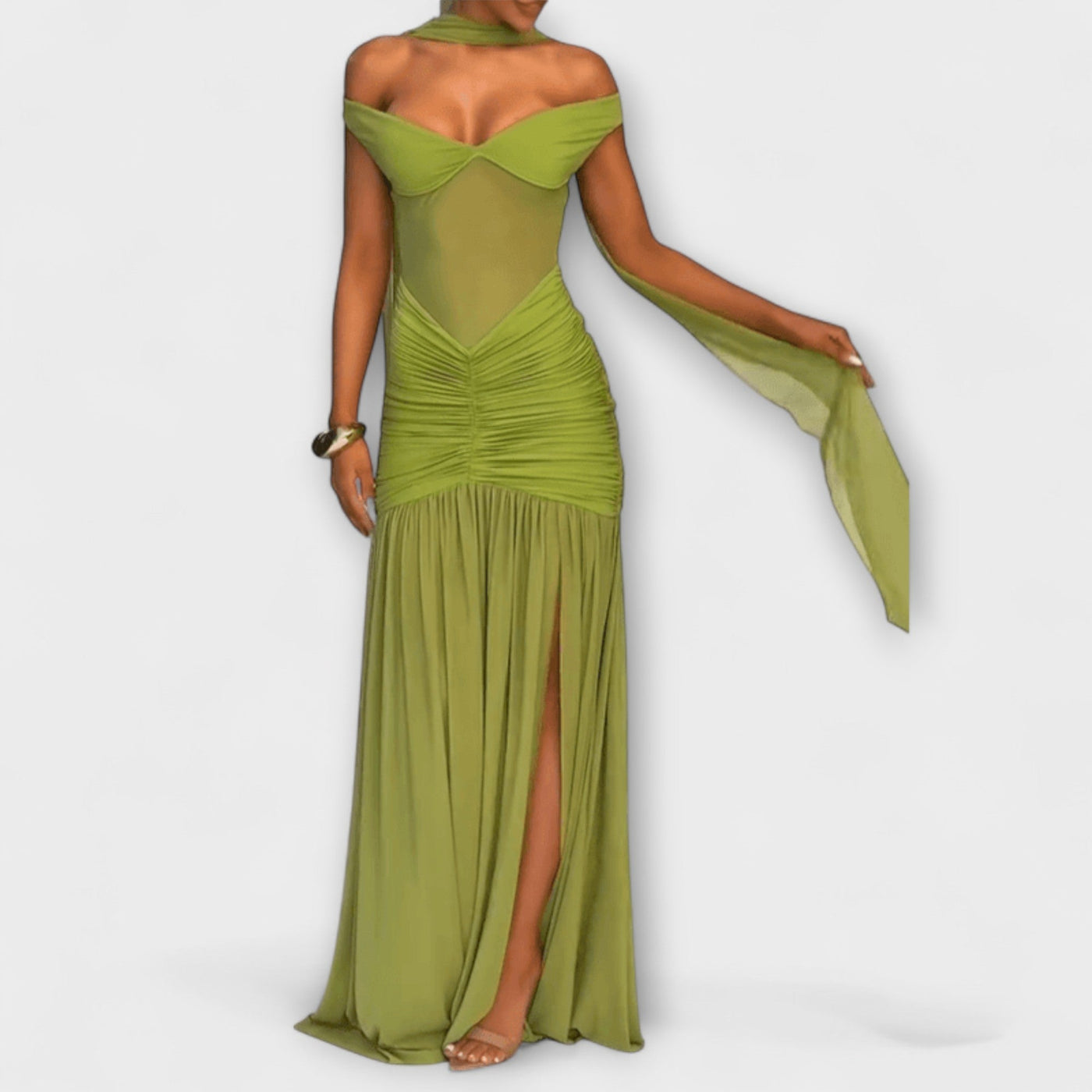 Nicole - Olivgrünes Maxikleid mit V-Ausschnitt