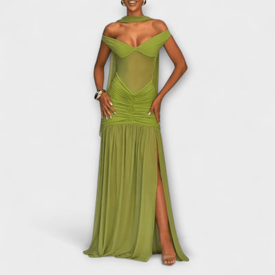 Nicole - Olivgrünes Maxikleid mit V-Ausschnitt
