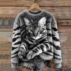 Jules – Weiches Plüsch Sweatshirt Mit Tabby Katzen Und Tiger Muster in Grau