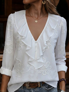Nalevia - Soft-Touch-Langarmshirt mit V-Ausschnitt in Weiß