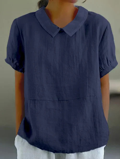 Kurzarm-Leinenbluse mit Kragen für Damen
