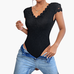 Bodysuit aus Spitze für Frauen - Eleganter V-Ausschnitt in Schwarz