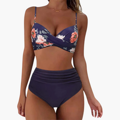 Zweiteiliges Bikini-Set - Damen Bademode mit Blumenprint & Bund in Blau