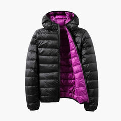 Damen Steppjacke mit Kapuze und Wendefunktion in Schwarz / Lila