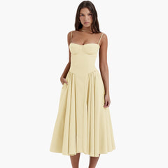 Midikleid Damen – Retro Corsagenkleid mit Trägern Sommer in Gelb