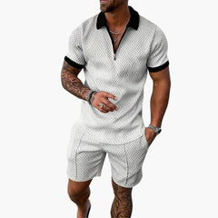 Herren Sommer Zweiteiler mit Reißverschluss und Shorts in Weiß-Schwarz