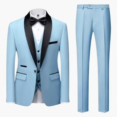 Herren Anzug dreiteilig mit rotem Besatz und Schalkragen in Himmelblau / 3 Pcs Satz