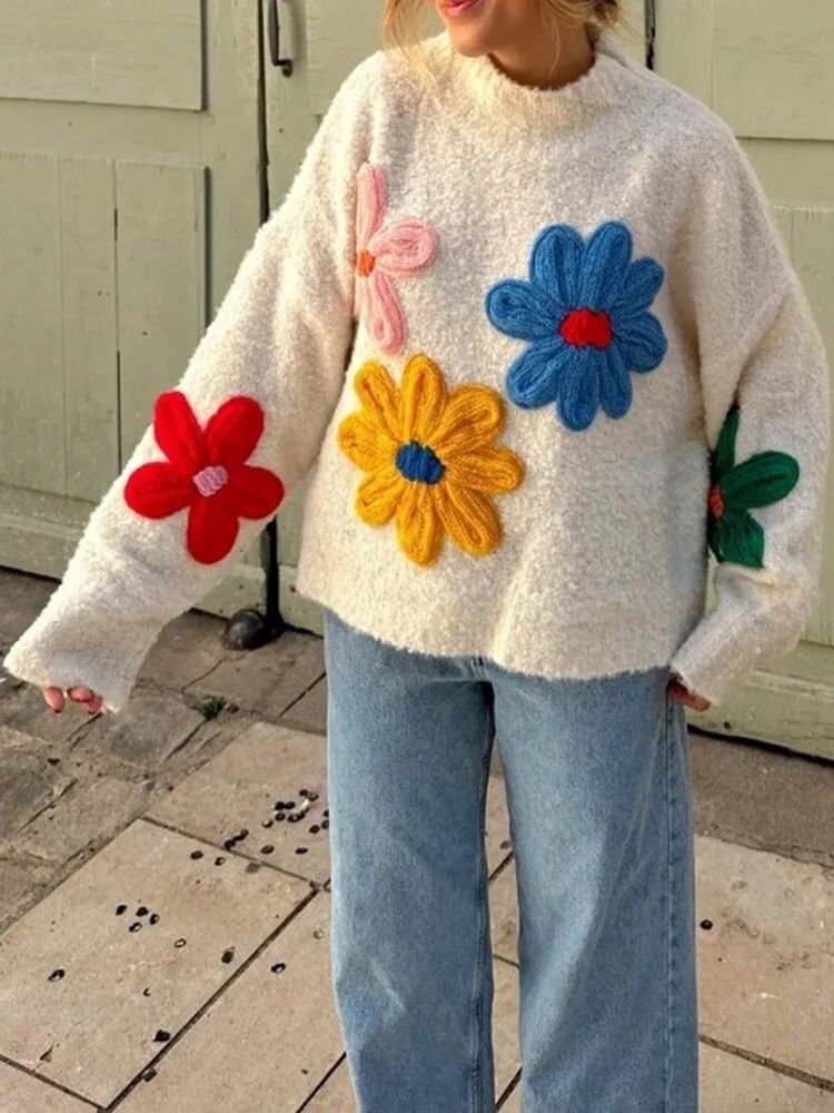 Solange - Strickrollkragenpullover - Buntes Blumendesign