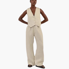 Zweiteiler mit V-Ausschnitt leinen - Damen Sommer Zweiteiler in Beige