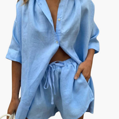 Zweiteiler Set für Damen - mit Knopfleiste und Shorts in Blau