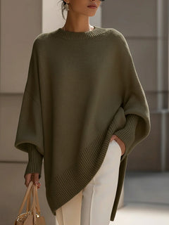 Kimia - Übergroß Gestrickt Rundhalsausschnitt Pullover in Olivgrün