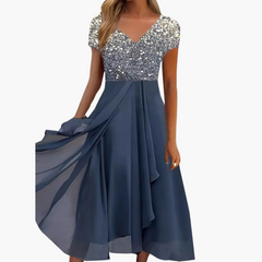 Midikleid für Damen - Elegant mit Pailletten & Chiffonrock in Silber Blau